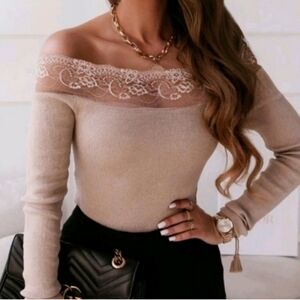 New Sexy Lace Off The Shoulder Slim fit Knit Sweater Size Medium & Large